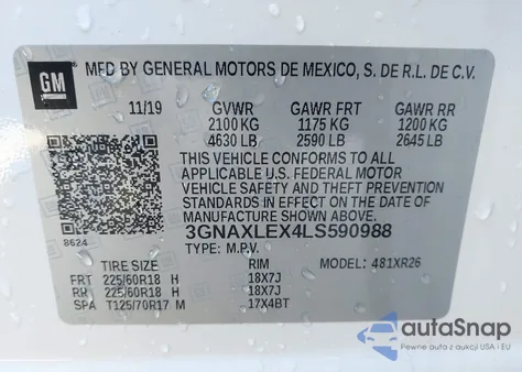 2020 Chevrolet Equinox Fwd Lt 2.0L Turbo z USA, uszkodzony, nr VIN 3GNAXLEX4LS590988